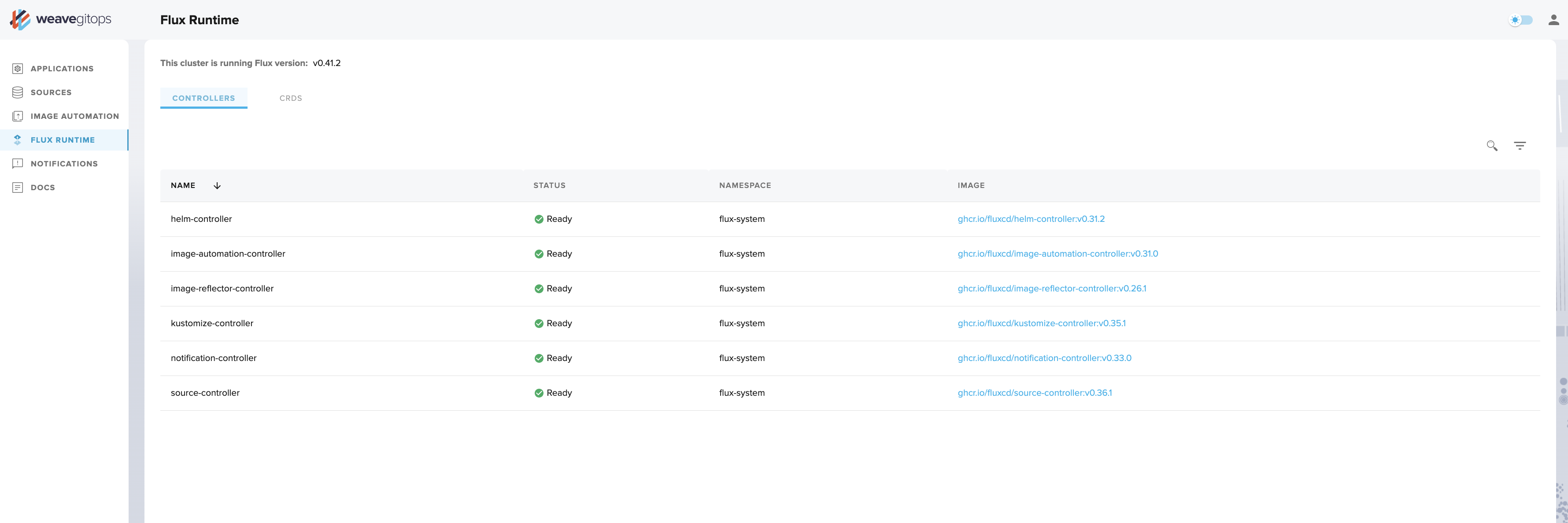 Flux Runtime view showing the various GitOps Toolkit controllers