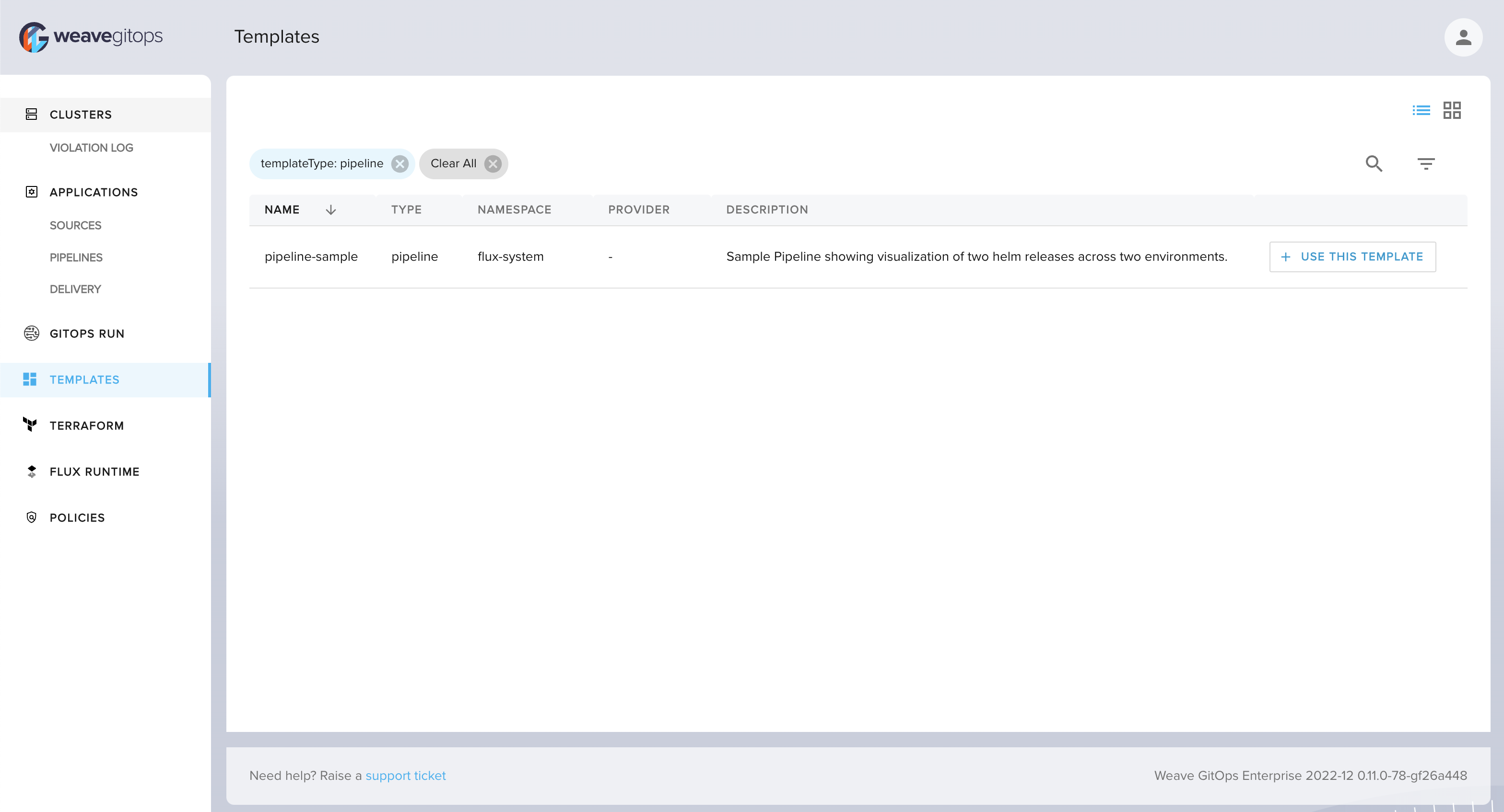 Templates view showing Pipeline templates